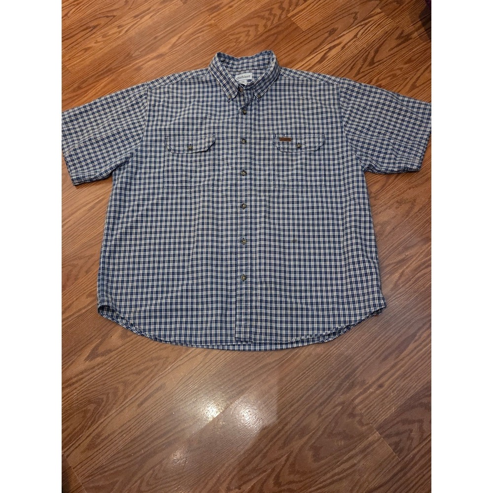 Carhartt Mens 2XL Short Sleeve Button Down Shirt‎ Blue Plaid Cotton S164IND
